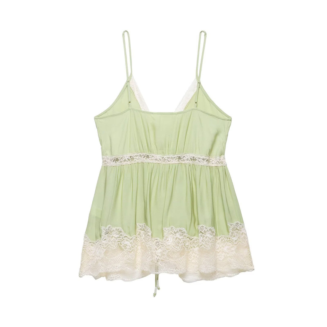 Women V-Neck Lace Spliced Spaghetti Strap Top