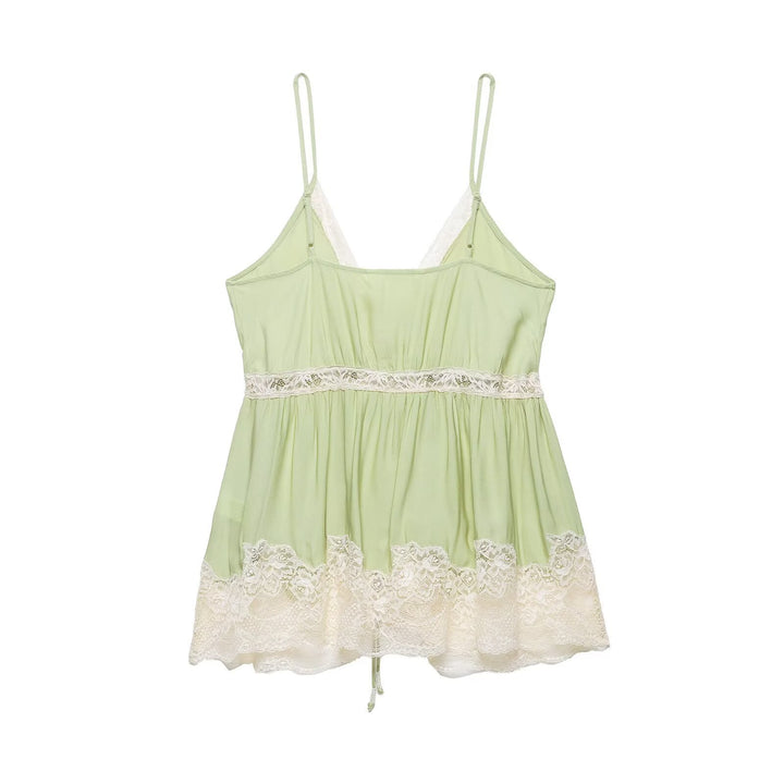Women V-Neck Lace Spliced Spaghetti Strap Top
