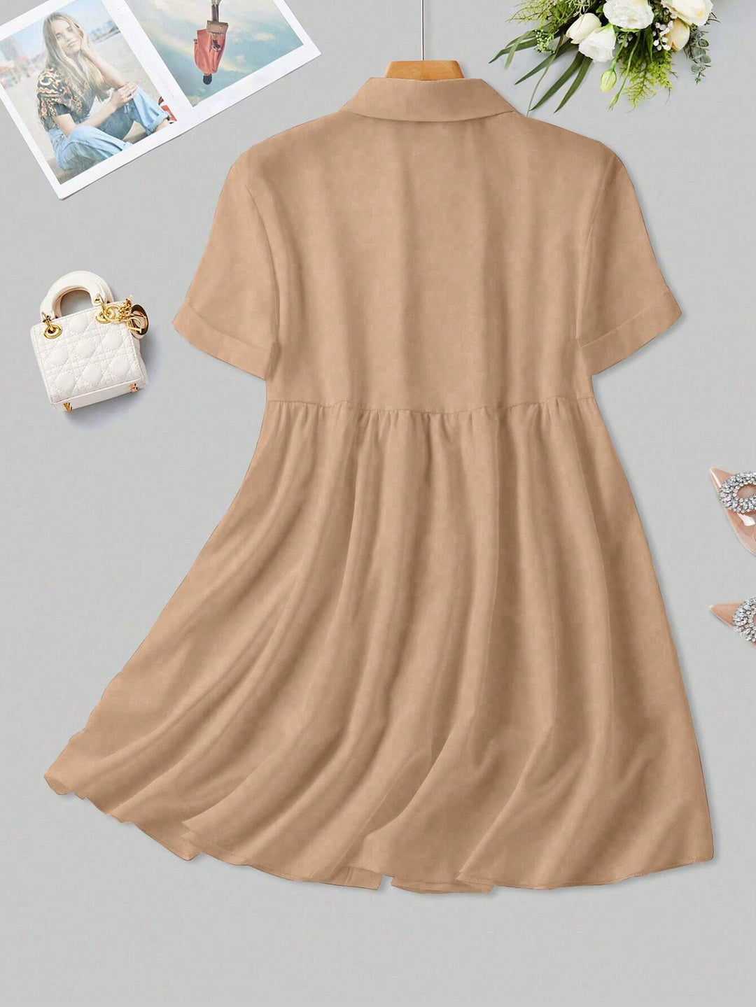 Light Pink Short Sleeve Button-Down Shirt Dress