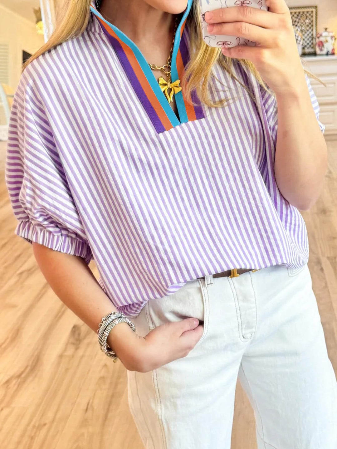 Blue &amp; White Striped Puff Sleeve Blouse with Colorblock V-Neck