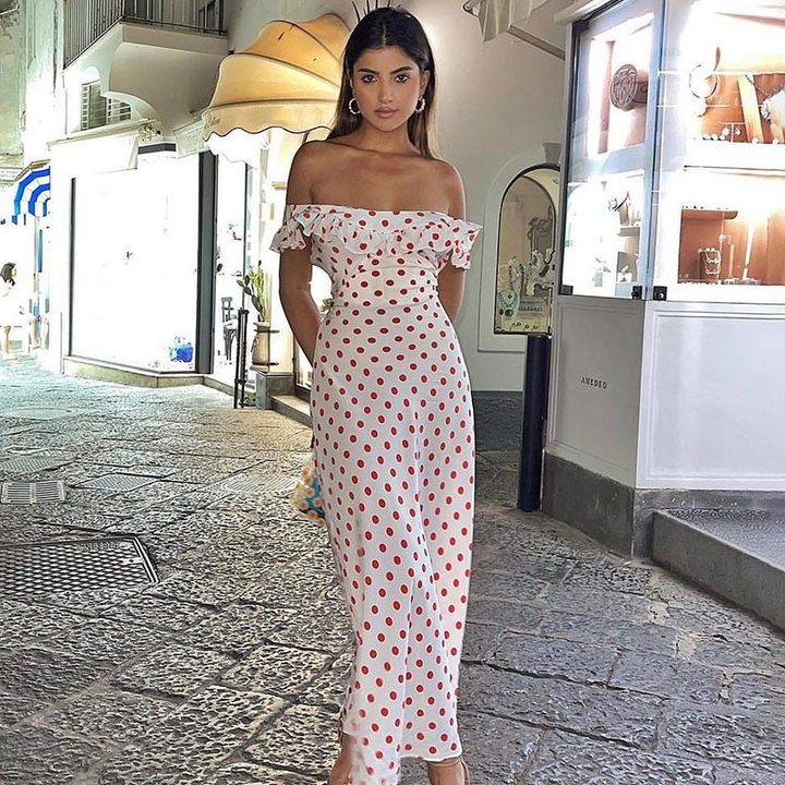 Women Polka Dot Off Shoulder Ruffle Midi Dress