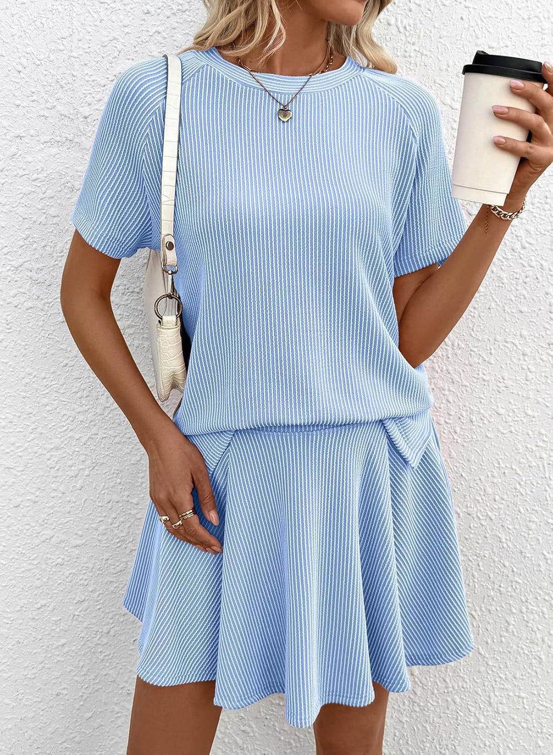 Blush Ribbed 2-Piece Short Sleeve Top &amp;amp; Skirt Set