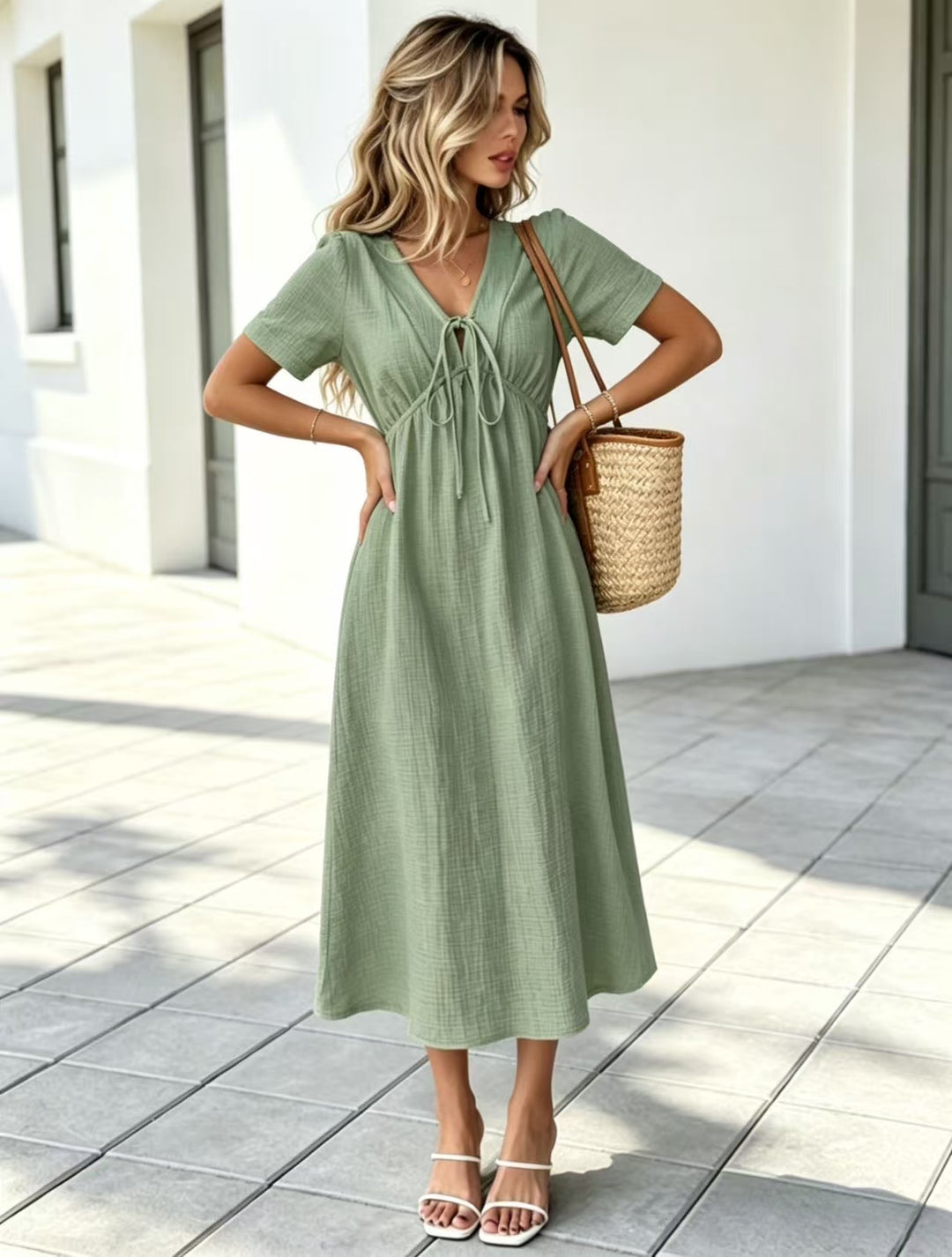 Crinkle Gauze V-Neck Midi Dress with Tie Detail, Short Sleeve Flowy Dress for Women