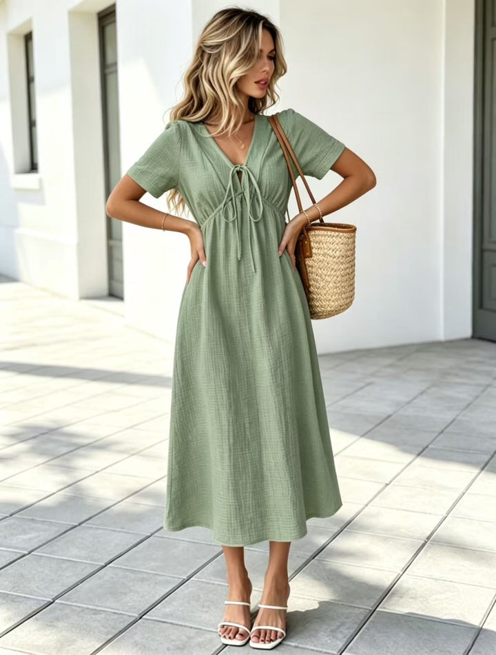 Crinkle Gauze V-Neck Midi Dress with Tie Detail, Short Sleeve Flowy Dress for Women