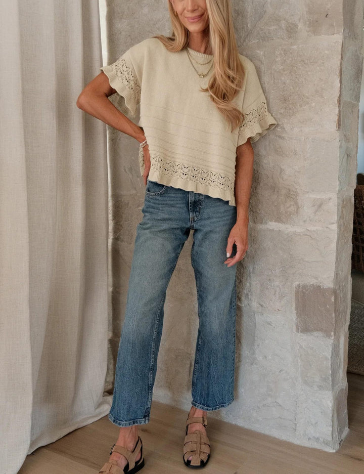 Beige Crochet Lace Trim Short-Sleeve Knit Top