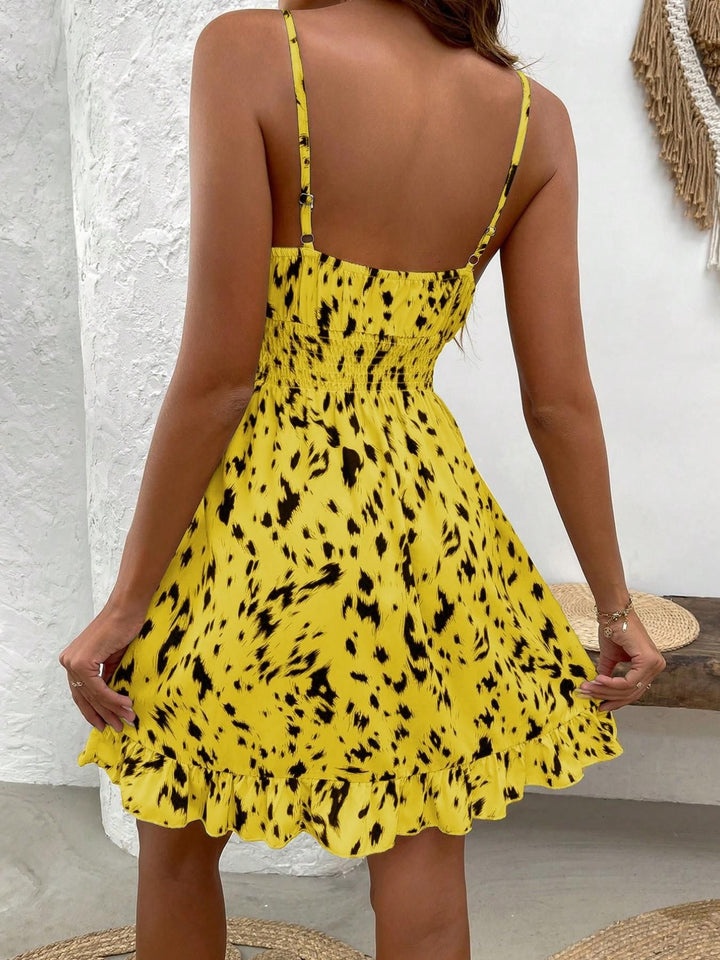 Printed Smocked Waist Ruffle Hem Cami Mini Dress