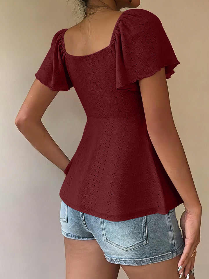 White Eyelet Square Neck Peplum Blouse with Tie Detail