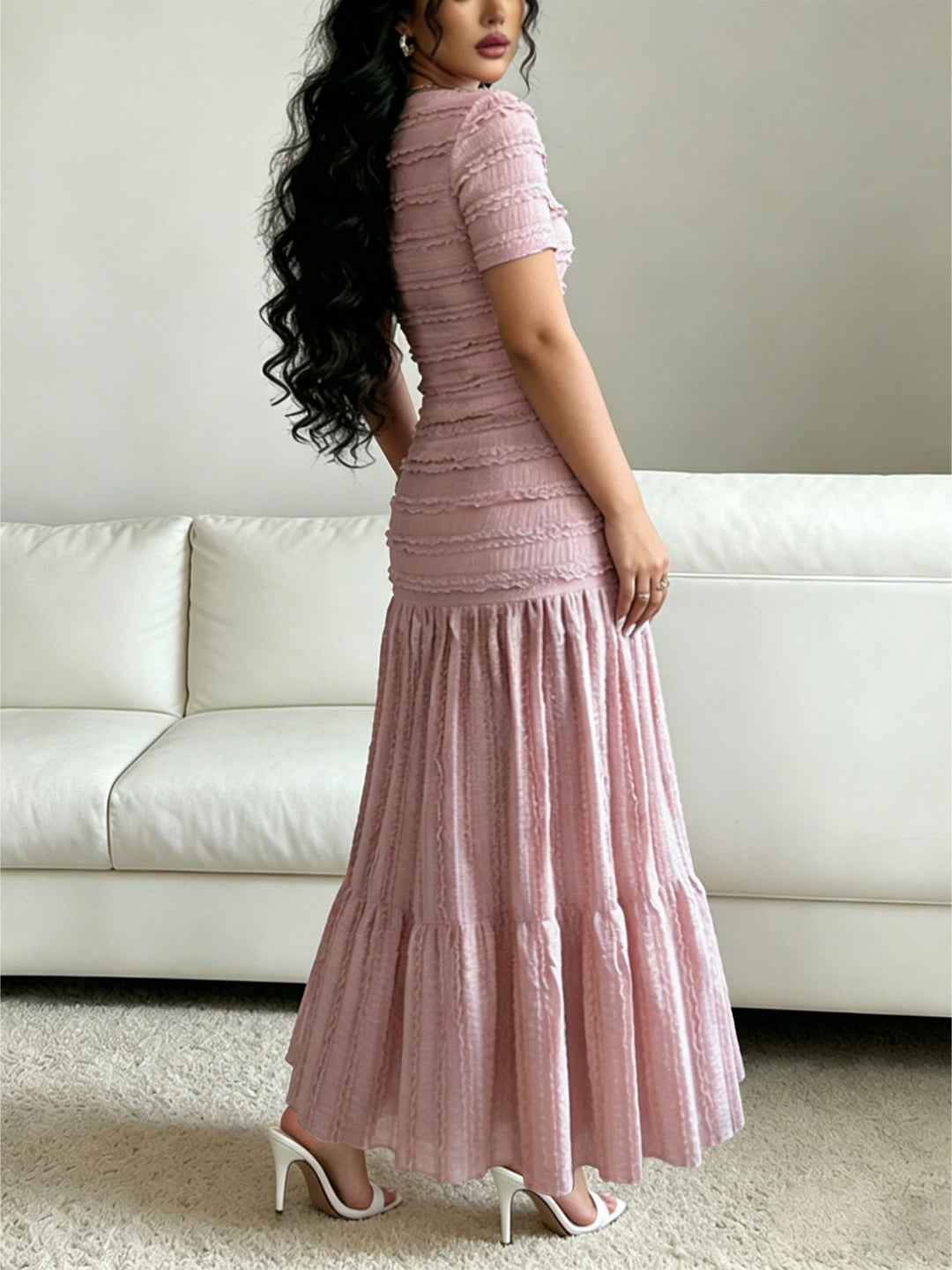 Square Neck Ruffled Textured Crop Top &amp;amp; Tiered Maxi Skirt Two-Piece Set
