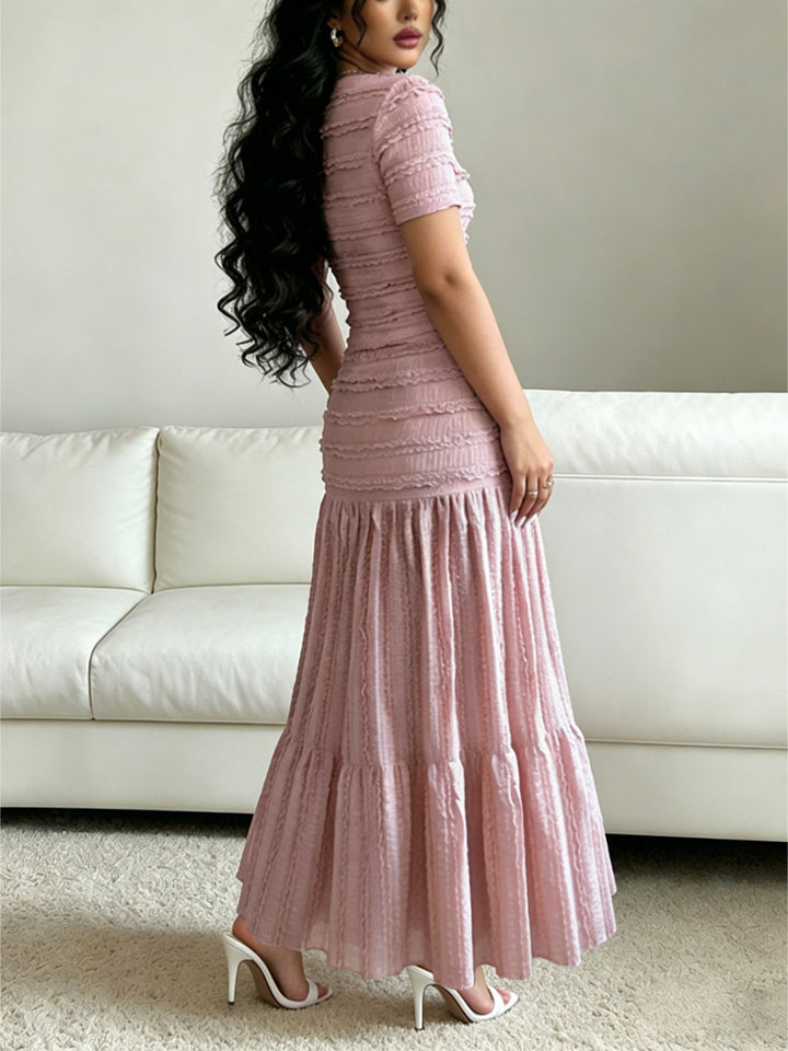 Square Neck Ruffled Textured Crop Top &amp;amp; Tiered Maxi Skirt Two-Piece Set