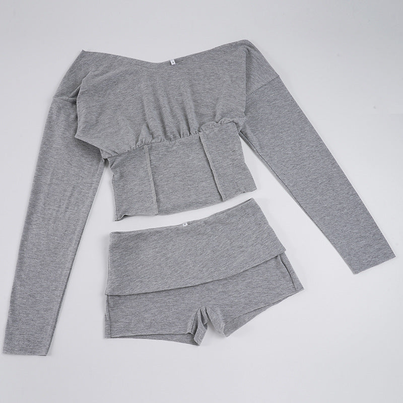 Off Shoulder Long Sleeve Crop Top Fold-Over Shorts Two-Piece Set