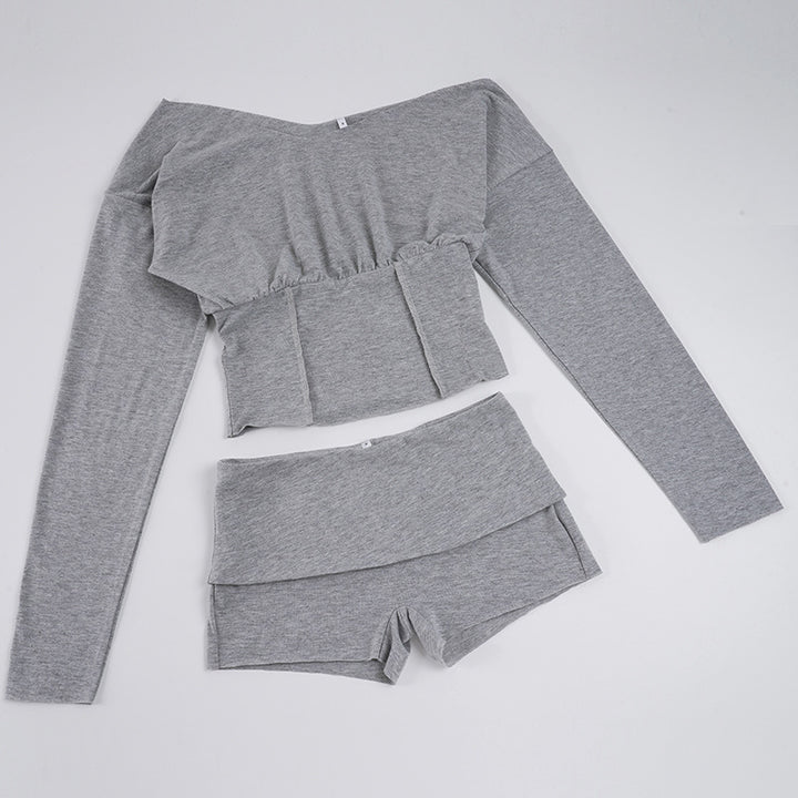 Off Shoulder Long Sleeve Crop Top Fold-Over Shorts Two-Piece Set