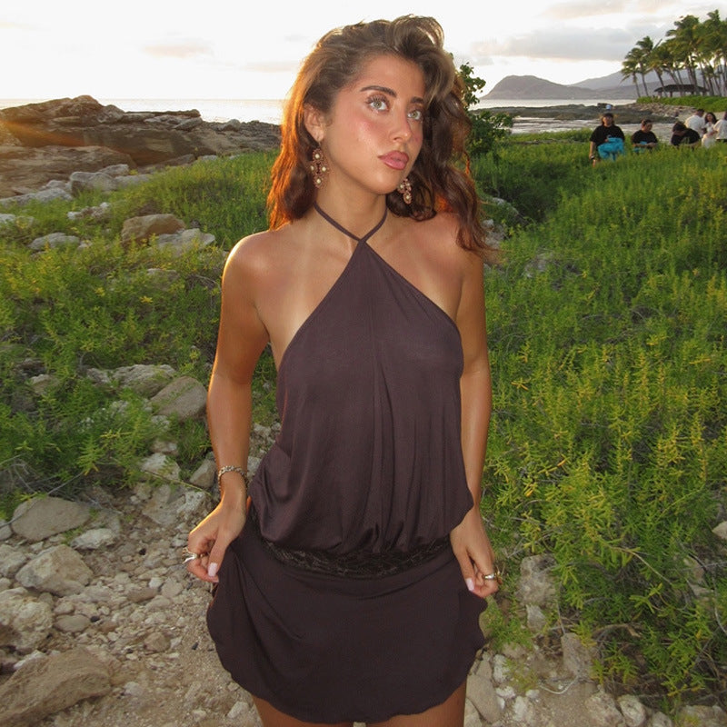 Lace Trim Halter Neck Mini Dress