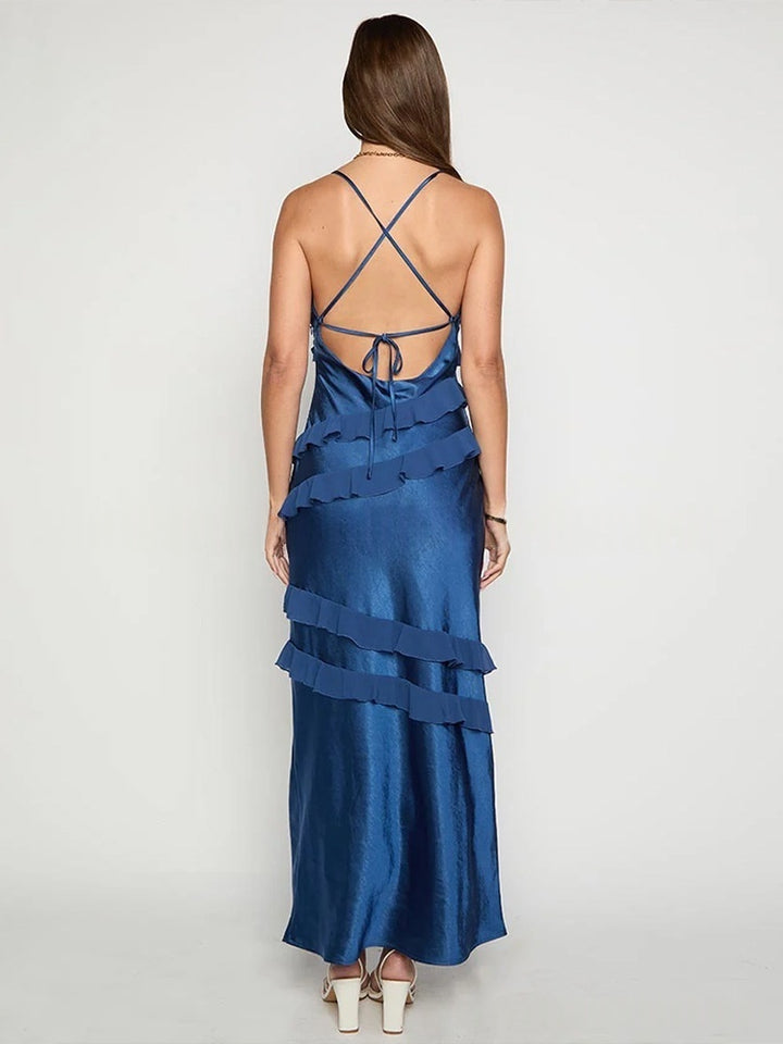 Satin Open Back Maxi Dress | Deep V Ruffle Asymmetrical Slip Evening Gown