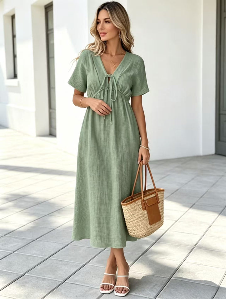 Crinkle Gauze V-Neck Midi Dress with Tie Detail, Short Sleeve Flowy Dress for Women