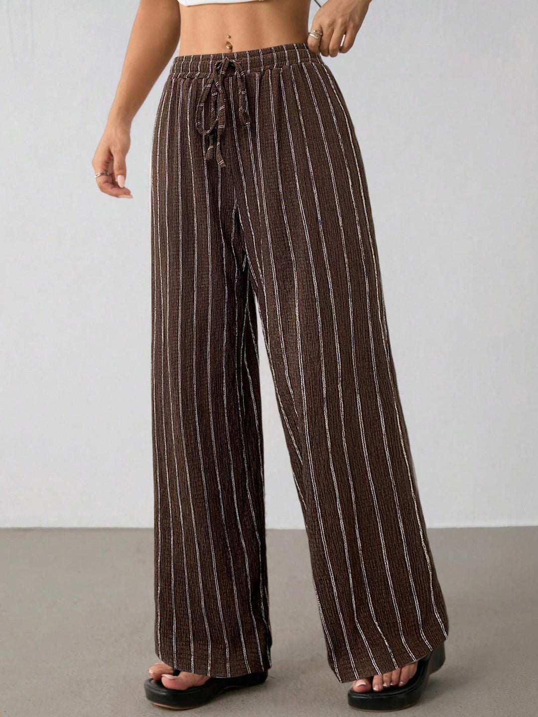 Women Striped Wide Leg Pants, Striped Lounge Slacks with Pockets