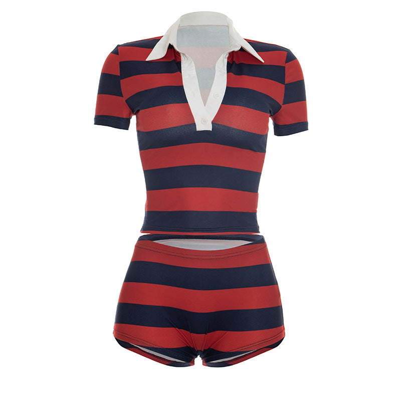 Striped Polo Crop Top High-Waist Shorts Two-Piece Set