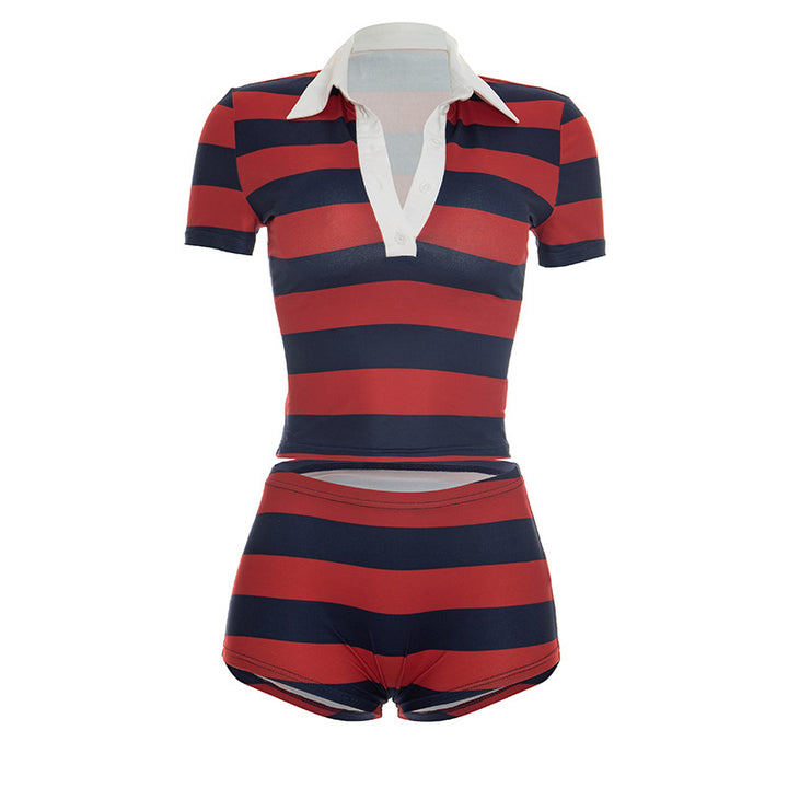 Striped Polo Crop Top High-Waist Shorts Two-Piece Set