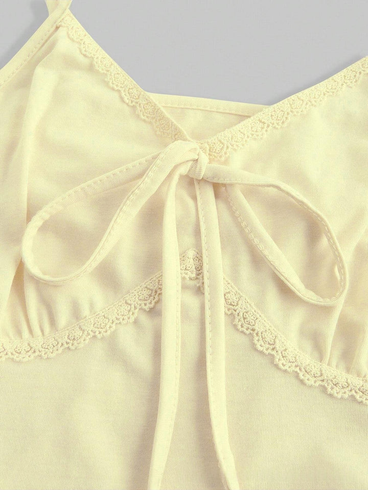 Embroidered Lace Trim Cami Top, Boho Peplum Spaghetti Strap Tank