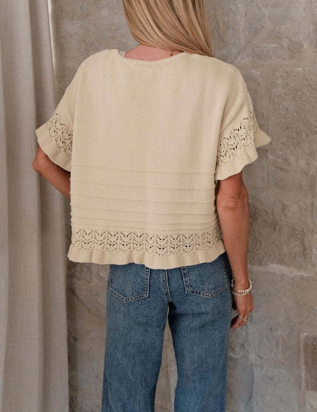 Beige Crochet Lace Trim Short-Sleeve Knit Top