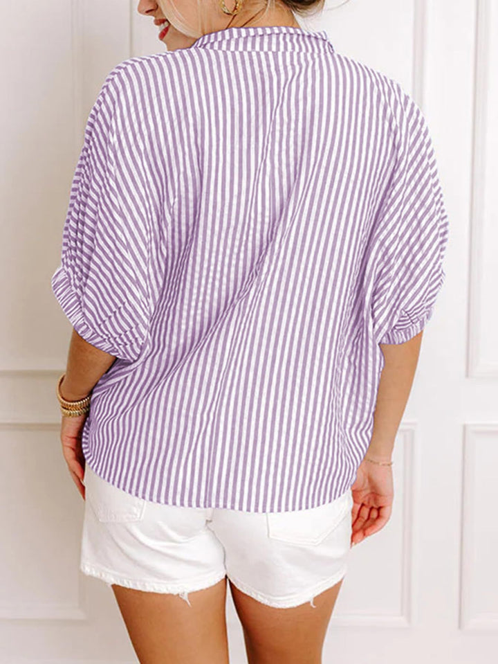 Blue &amp; White Striped Puff Sleeve Blouse with Colorblock V-Neck