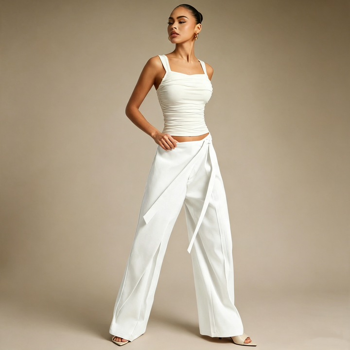 Criss-Cross Wrap Waist Wide Leg Pants