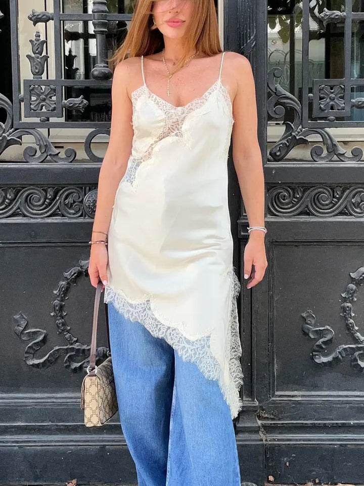 Lace Trim Satin Asymmetrical Slip Dress