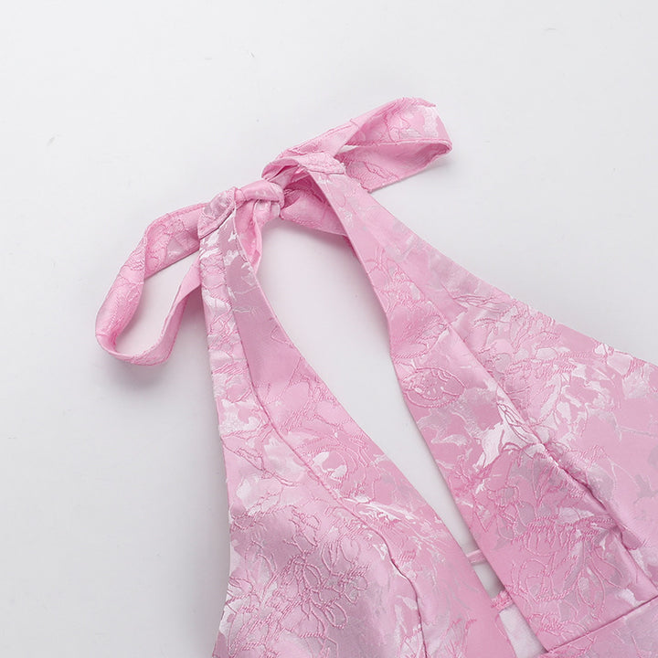 Jacquard Halter Mini Dress with Statement Bow