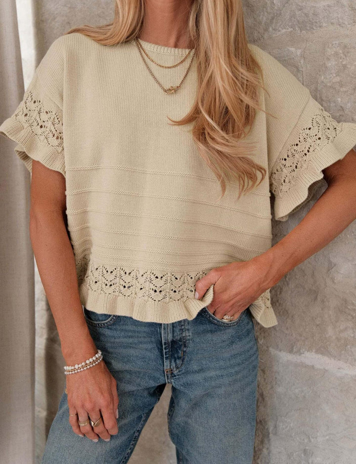 Beige Crochet Lace Trim Short-Sleeve Knit Top