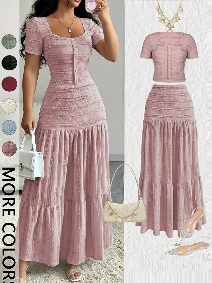 Square Neck Ruffled Textured Crop Top &amp;amp; Tiered Maxi Skirt Two-Piece Set