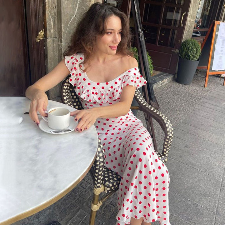 Women Polka Dot Off Shoulder Ruffle Midi Dress