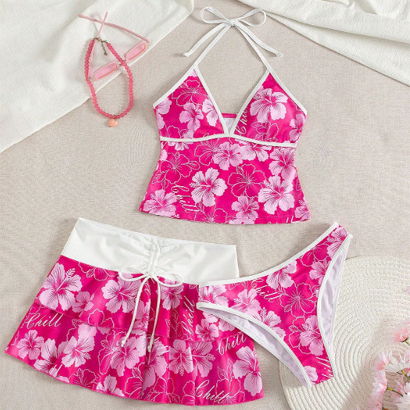 Tropical Print Halter Bikini with Swim Skirt 3-Piece Set