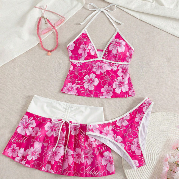 Tropical Print Halter Bikini with Swim Skirt 3-Piece Set