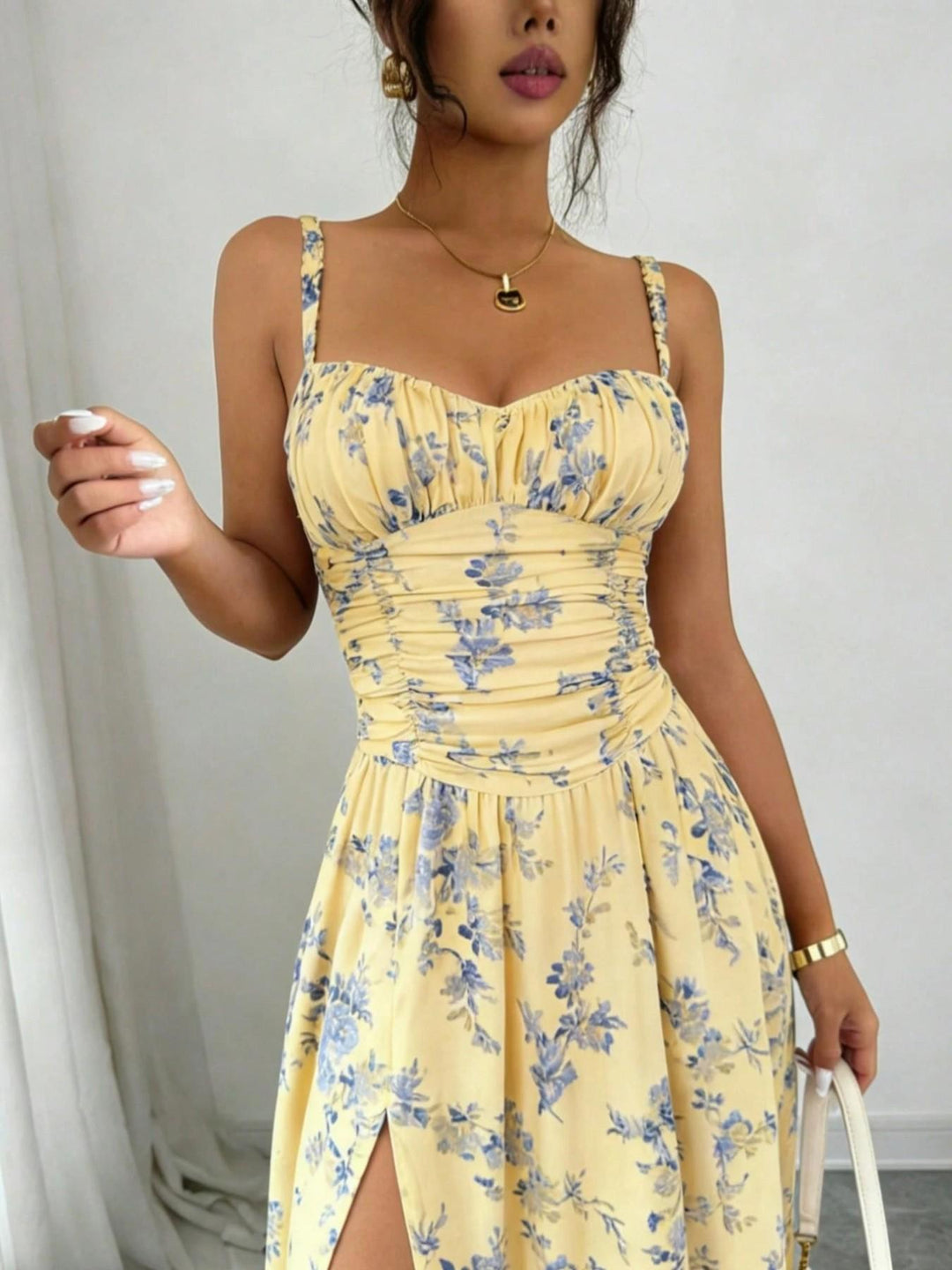 Yellow Blue Floral Ruched Waist Midi Dress