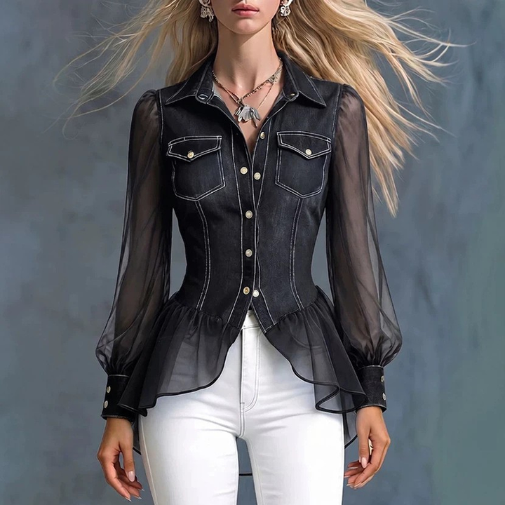 Long-sleeve denim and mesh shirt-jacket