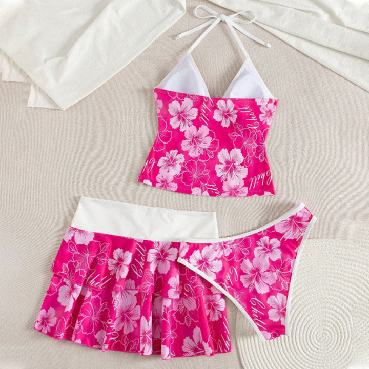 Tropical Print Halter Bikini with Swim Skirt 3-Piece Set