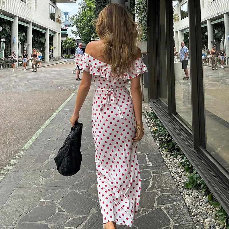 Women Polka Dot Off Shoulder Ruffle Midi Dress