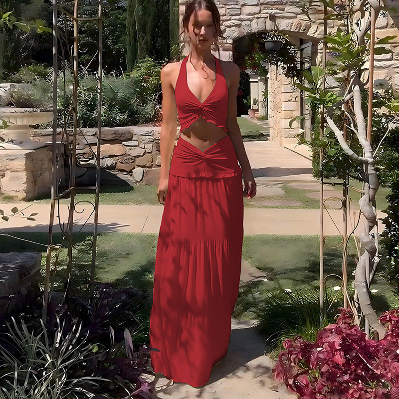 Halter Crop Top &amp;amp; Tiered Maxi Skirt Two-Piece Set