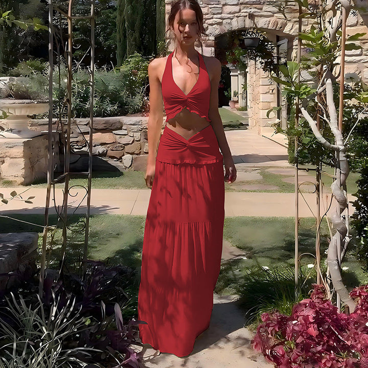 Halter Crop Top &amp;amp; Tiered Maxi Skirt Two-Piece Set