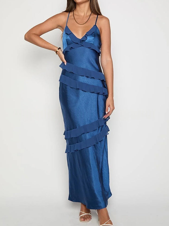 Satin Open Back Maxi Dress | Deep V Ruffle Asymmetrical Slip Evening Gown