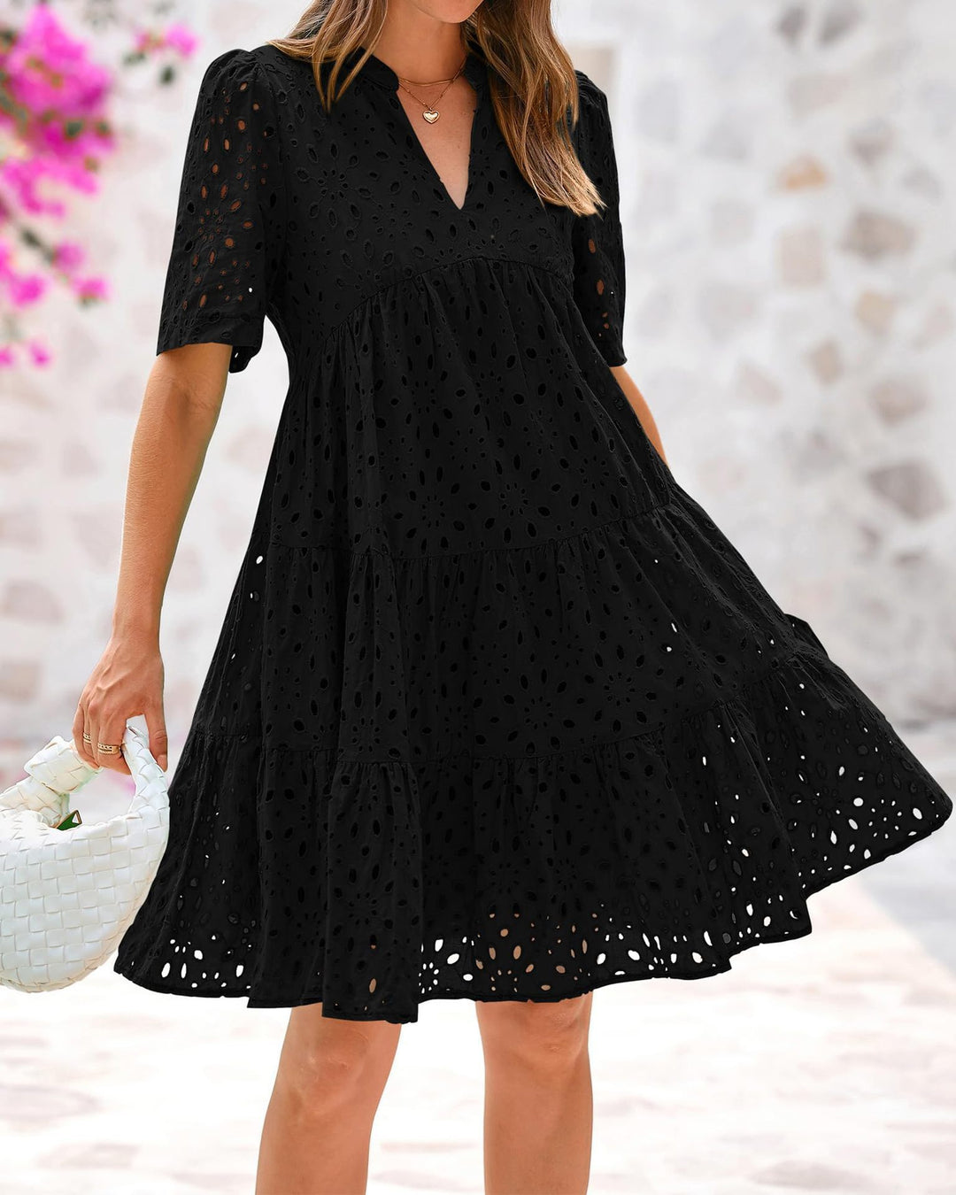 Eyelet Embroidery Tiered Mini Dress, Notched Neck Short Sleeve Casual Summer Dress