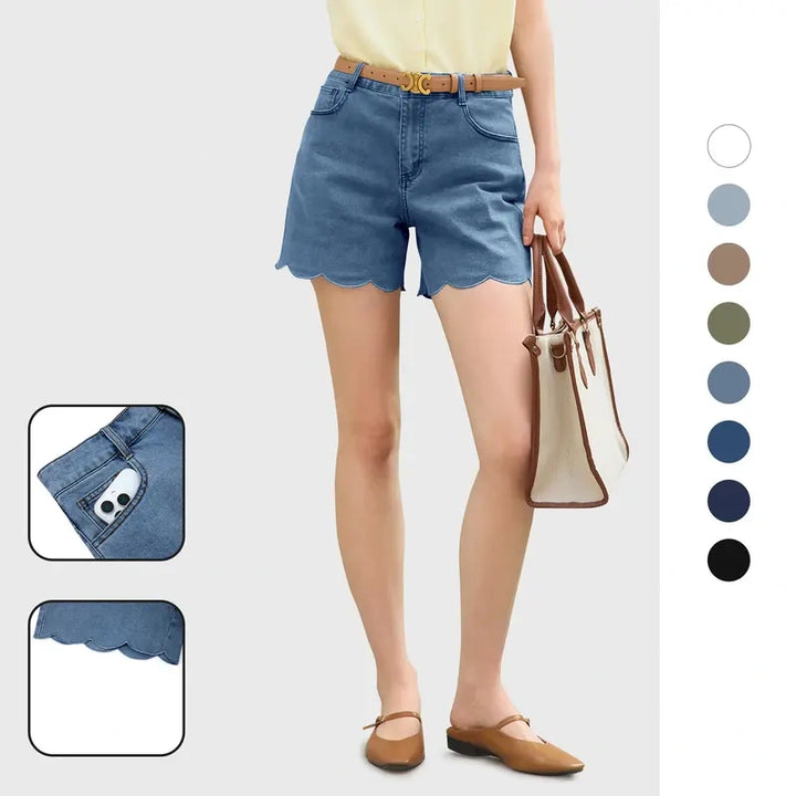High Waist Scalloped Hem Denim Shorts