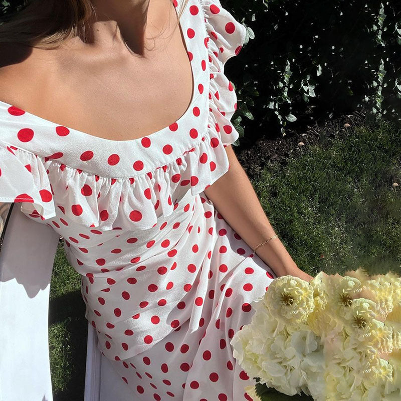 Women Polka Dot Off Shoulder Ruffle Midi Dress