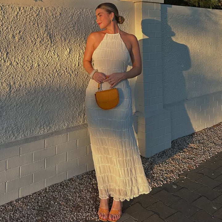 Cream Smocked Halter Maxi Dress | Sleeveless Crinkle Cotton A-Line Beach Dress