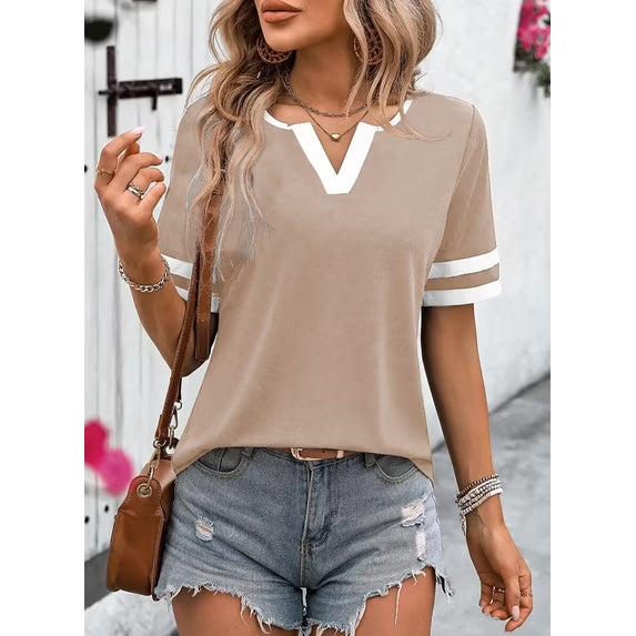 Slub Knit Crew Neck T-Shirt – Heather Grey Contrast Trim Casual Short Sleeve Top