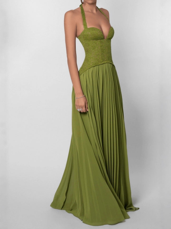 Olive Green Lace Halter Pleated Maxi Dress
