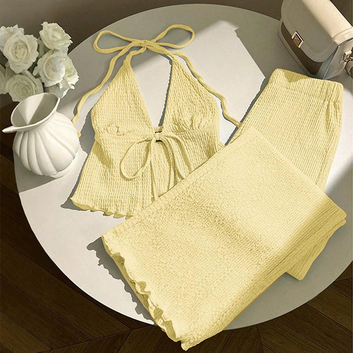 Halter-neck textured top and trousers set