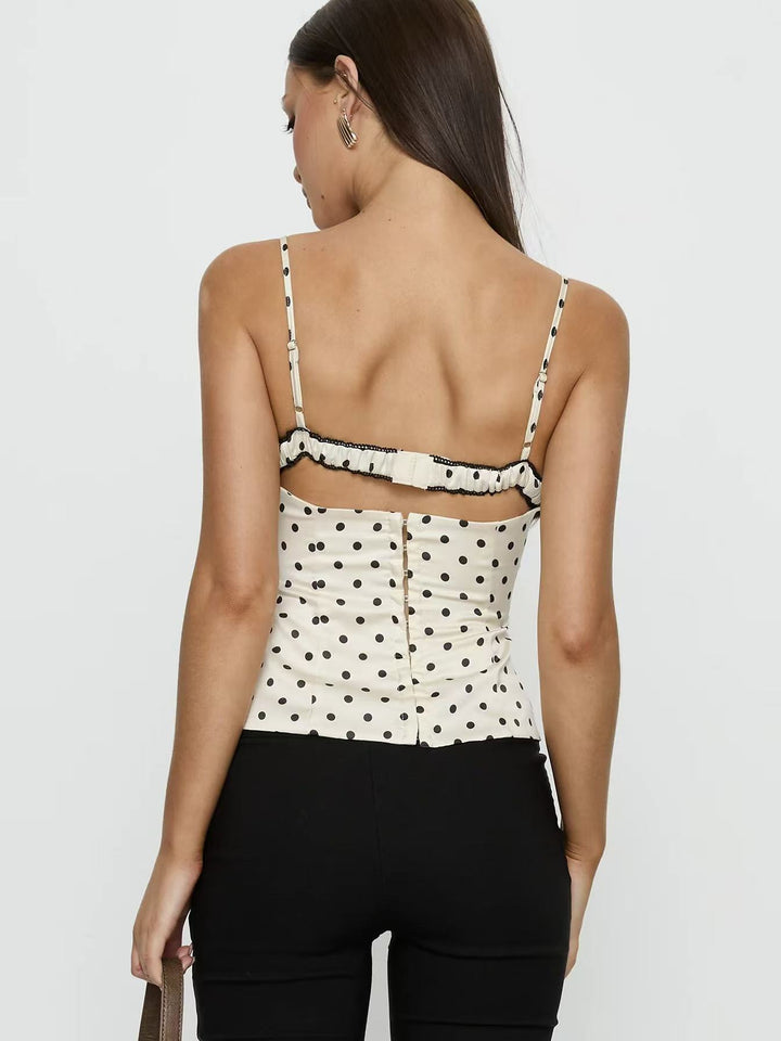 Polka Dot Lace-Trim Corset Cami Top | Vintage Sweetheart Open Back Statement Tank