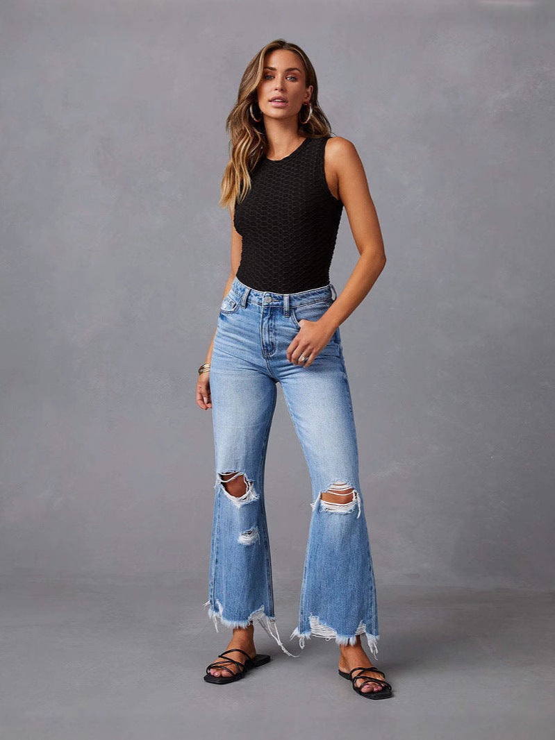 High Waist Distressed Raw Hem Flare Jeans