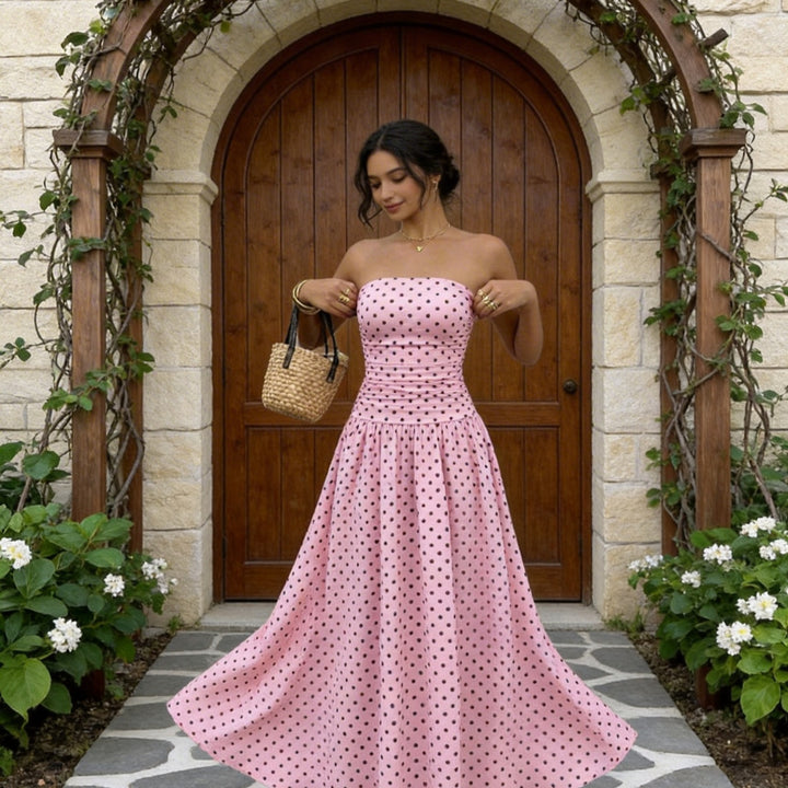 White Polka Dot Strapless Ruched Maxi Dress