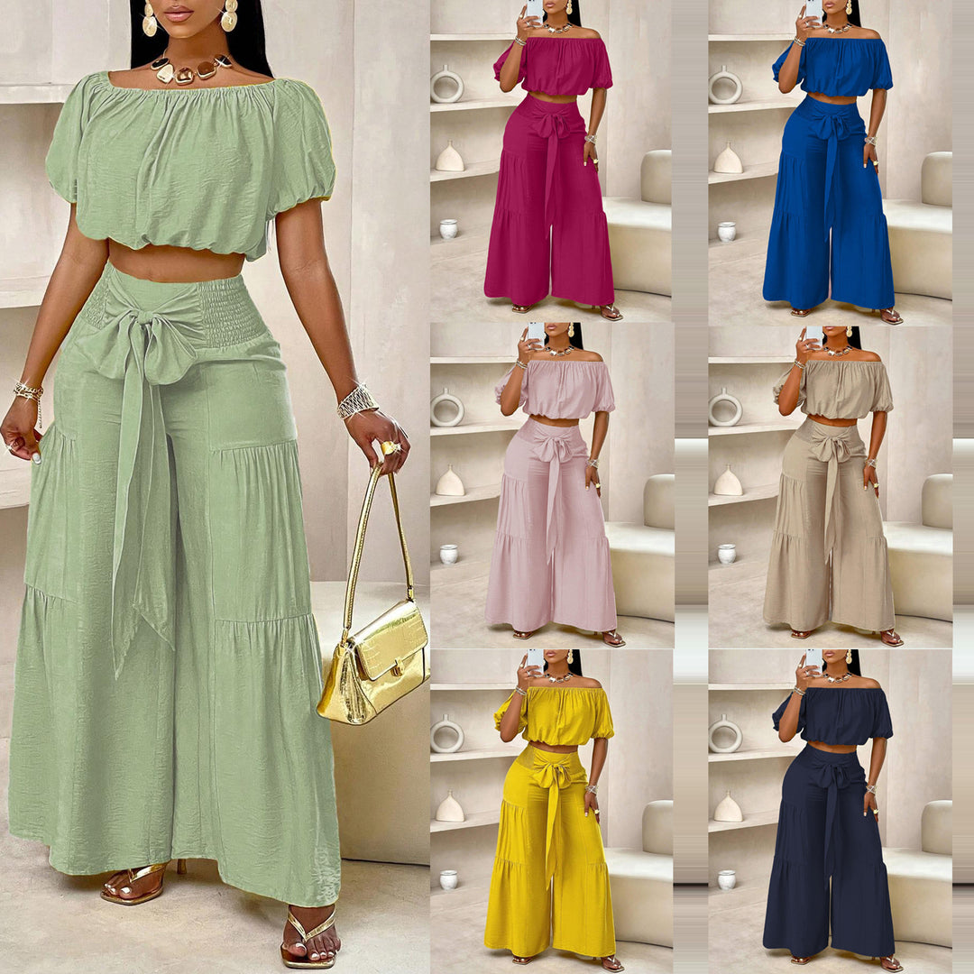 Off-Shoulder Puff Sleeve Crop Top &amp;amp; Tie-Waist Tiered Wide Leg Pants Two-Piece Set